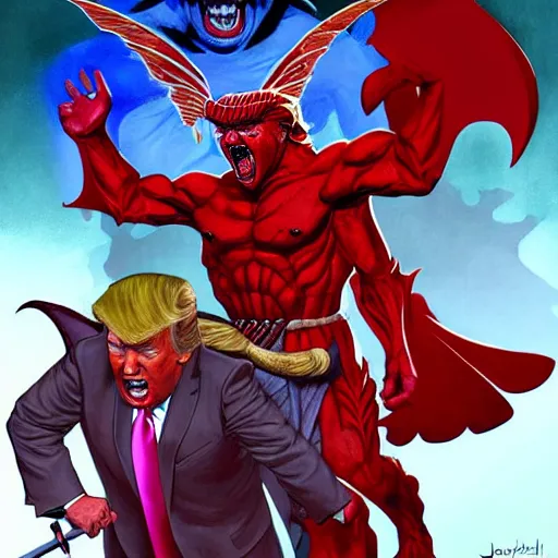 Image similar to Donald Trump Fights a demon and wins. dungeons and dragons style. highly detailed, digital painting, artstation, concept art, sharp focus, illustration, art by Josh kirby and John romita jr and moebius