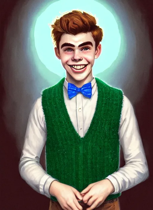 Image similar to portrait of teenage archie andrews, freckles, curly middle part haircut, curly hair, middle part hairstyle, smiling kindly, wearing a bowtie and sweater vest, intricate, elegant, glowing lights, highly detailed, digital painting, artstation, concept art, smooth, sharp focus, illustration, art by wlop, mars ravelo and greg rutkowski