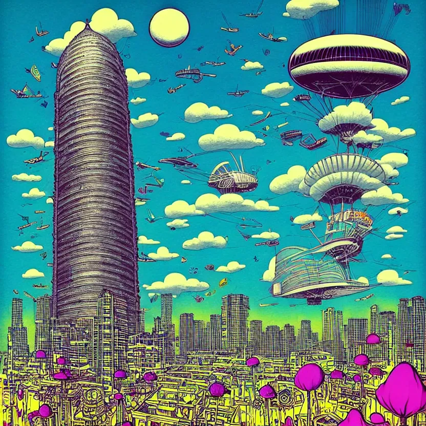 Prompt: surreal glimpse into other universe, mahanakorn tower with airship floating n the sky, summer morning, very coherent and colorful high contrast, art by!!!! joan miroi!!!!, geof darrow, floralpunk screen printing woodblock, dark shadows, hard lighting, stipple brush technique,