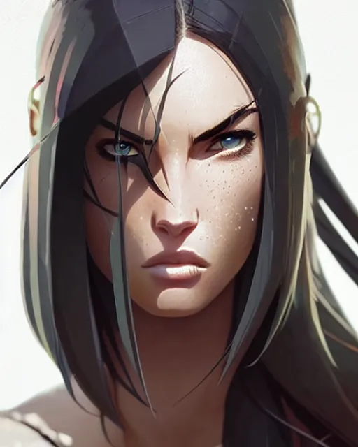 Prompt: azctec warrior, megan fox, detailed perfect face, exquisite details, fire magic, mid view, design on a white background, by studio muti, greg rutkowski makoto shinkai takashi takeuchi studio ghibli