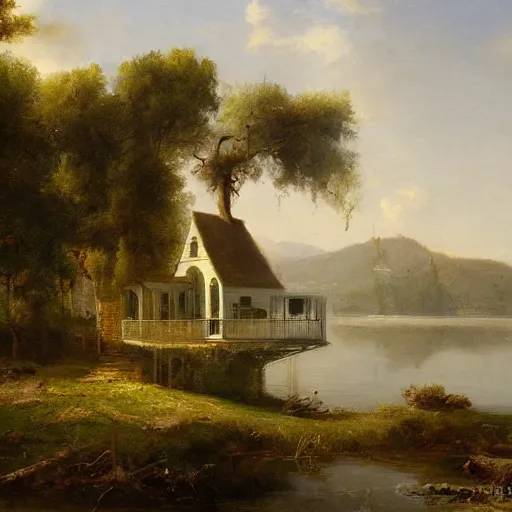 Image similar to a house by the lake painted by geoffroy thoorens