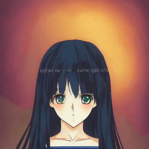 Prompt: a portrait of a anime girl with long dark hair and green eyes, 90s style