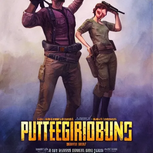 Image similar to vintage movie poster art for pubg by greg manchess, watercolor, in style of stephen bliss garv and agnes cecile by karol bak, james jean, tom bagshaw, rococo, sharp focus, artstation, cinematic lighting, hyper realism, octane render, epic, award - winning, 8 k, hyper detailed.