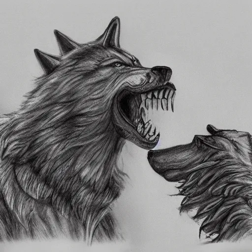 Image similar to giant armored war wolf howling to the sky, grayscale, hyperrealistic pencil sketch, cinematic, trending on artstation