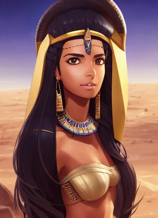 Prompt: head and shoulders portrait of a beautiful egyptian girl surrounded by sand, tanned skin and long black hair, pyramids on background, attarctive face, anime key visual, highly detailed, sharp focus, concept art, league of legends, style by shumolly and monable and artgerm and greg rutkowski and zeronis and pilyeon and ruan jia