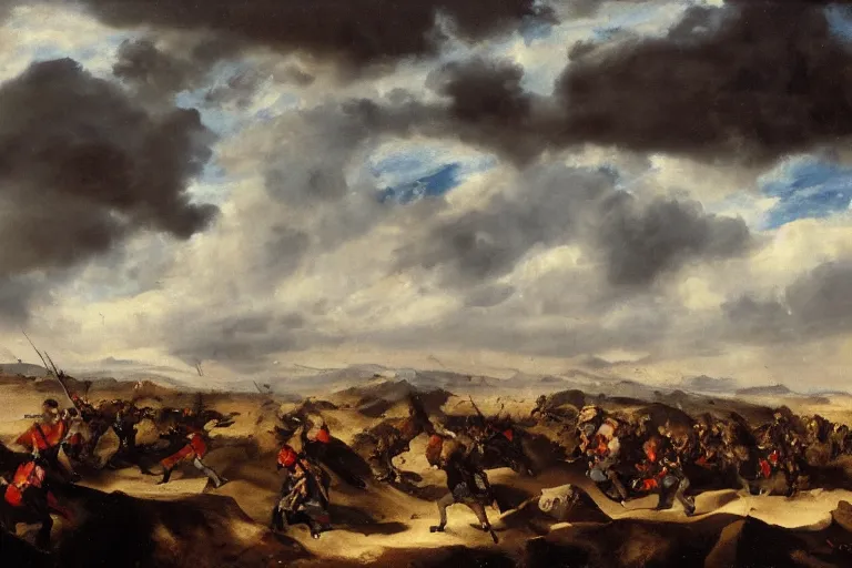 Image similar to a battlefield full of swords in the bare terrain, windy clouds by velasquez, oil painting 4 k