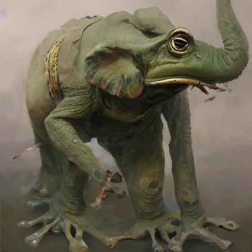 Image similar to frog - elephant creature, oil painting by ruan jia