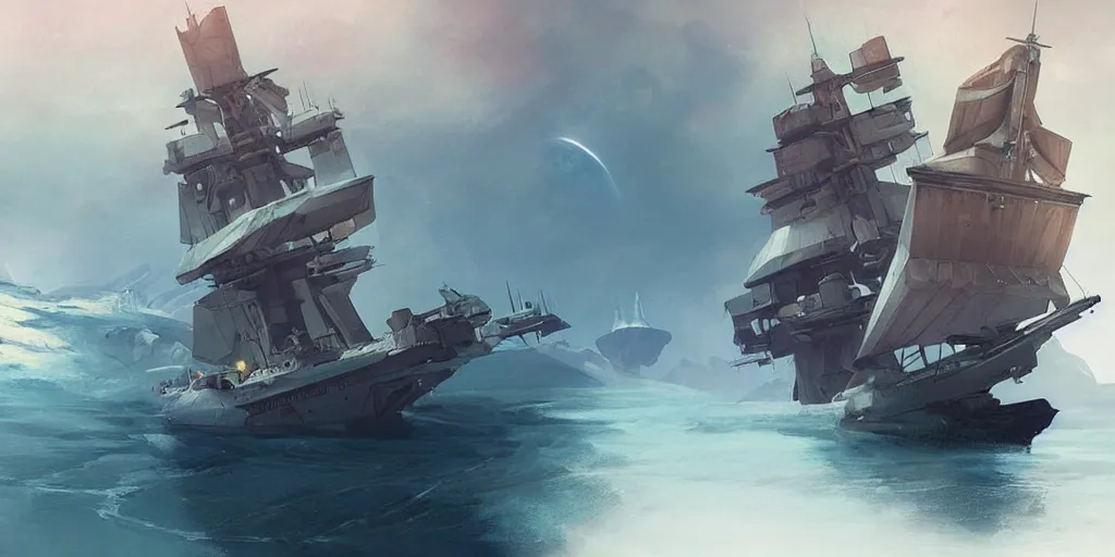 Image similar to 1400's Frigate featured in no mans sky concept art, highly detailed, soft colors, art by by Charlie Bowater, by Mark Brooks