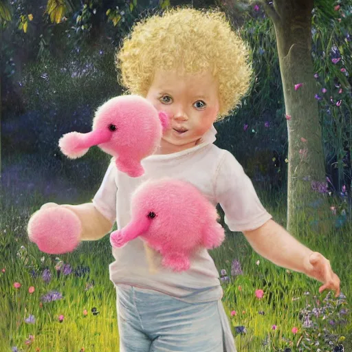 Prompt: a beautiful happy little blonde toddler girl with short curly hair at the park on a beautiful day in the shade, holding a round all-pink stuffed penguin, by Dan Mumford, Junji Murakami, Mucha Klimt, Hiroshi Yoshida and Craig Mullins, featured on Artstation, CGSociety, Behance HD, Deviantart