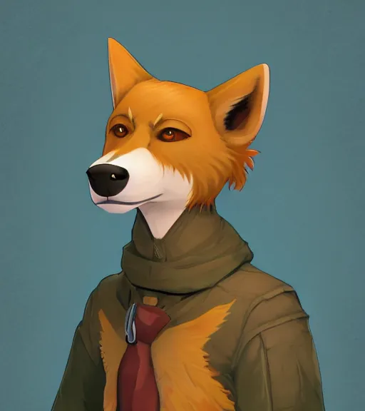 Image similar to stylized 3 / 4 portrait concept art of the anthro anthropomorphic dingo dog head animal person fursona wearing clothes adventurer standing in australia outback, hidari, color page, tankoban, 4 k, tone mapping, akihiko yoshida