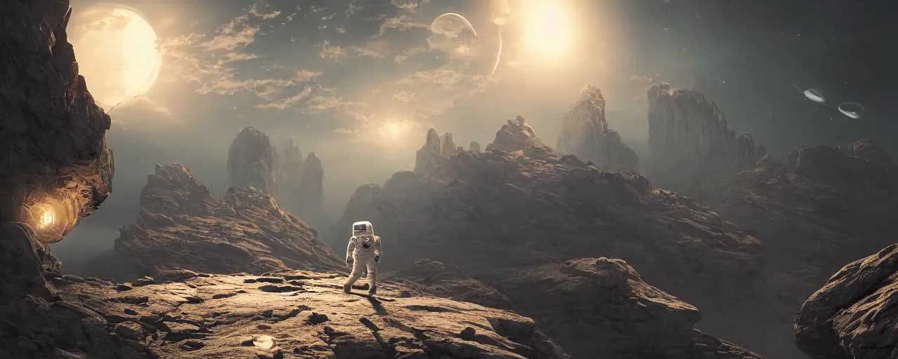 Image similar to one astronaut on the moon, beautiful dynamic lighting, cinematic, wide angle establishing shot, extremely high detail, photo realistic, cinematic lighting, post processed, concept art, artstation, matte painting, style by frederic church, raphael lacoste, unreal engine 8 k