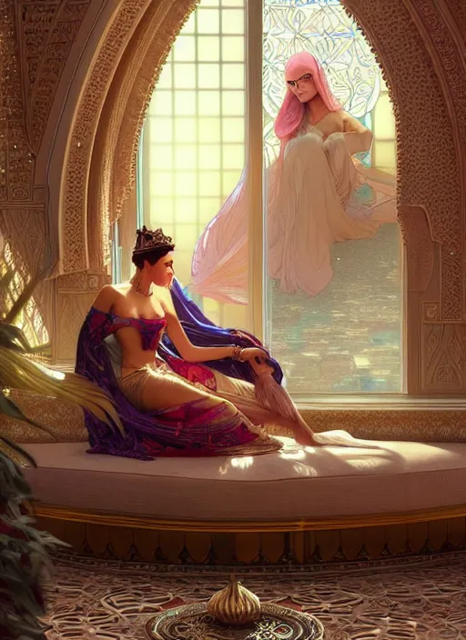 Image similar to an arabian princess relaxing in her palace, raining outside, shiny, fantasy, intricate, elegant, hyper detailed, ultra definition, photoreal, artstation, unreal engine rendered, concept art, smooth, sharp focus, illustration, art by artgerm and greg rutkowski and alphonse mucha and garis edelweiss