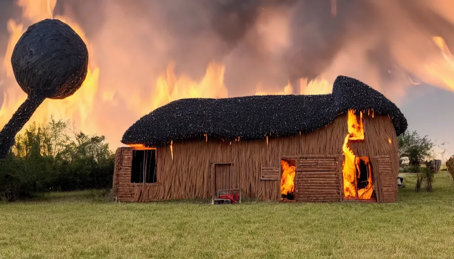 Image similar to a Barndominiums house made of straw with a meteorite falling from the sky, fire in the background 4k photography award winning,