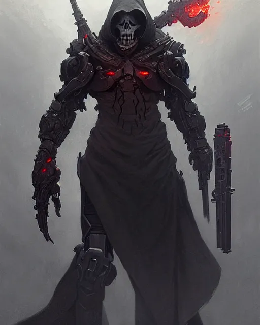 Image similar to reaper from overwatch, character portrait, concept art, intricate details, highly detailed by greg rutkowski, michael whelan and gustave dore