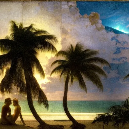 Image similar to Silhouette of two girls at the palace, thunderstorm, greek pool, beach and palm trees on the background major arcana sky, by paul delaroche, alphonse mucha and arnold böcklin arnold böcklin hyperrealistic 8k, very detailed