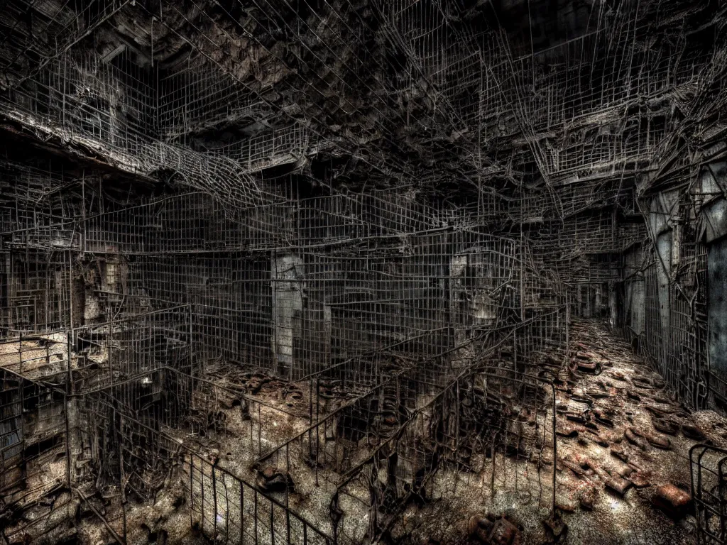 Prompt: An giant underground very gloomy multi-layered structure of rusty thick iron grids, dense chain-link fencing and peeling walls with multiple floors. In the center sits a creepy humanoid with very long limbs. Inside view, collapsed floors, bent rusted iron, masterpiece, macabre, black background, layers, corners, cinematic, hyperdetailed, photorealistic, hyperrealism, octane render, 8k, depth of field, bokeh, architecture, shadows, art by Zdzisław Beksiński, Arthur Rackham, Dariusz Zawadzki