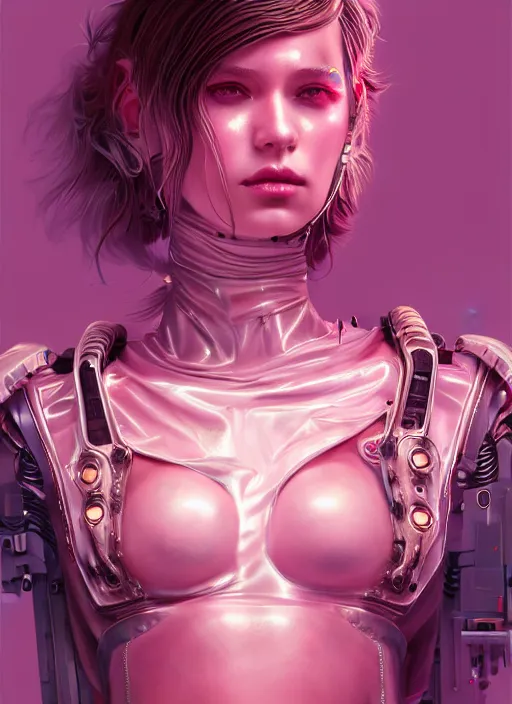 Image similar to soft lustrous full body ivory pink biotech raver gutter punk cyberpunk cyborg bioweapon, golden ratio, details, scifi, fantasy, cyberpunk, intricate, decadent, highly detailed, digital painting, octane render, artstation, concept art, smooth, sharp focus, illustration, art by artgerm, loish, wlop