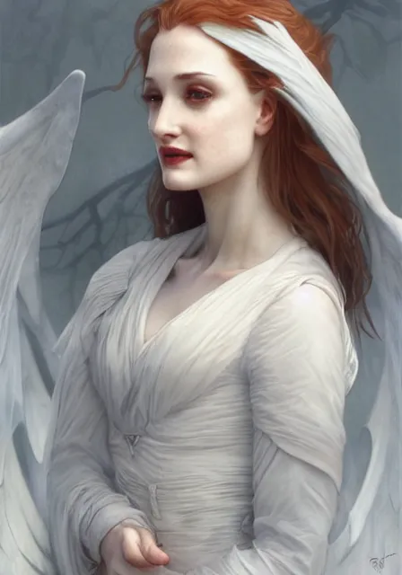 Image similar to sansa angeline jolie gessica chastain vampire teeth white skin, intricate, elegant, highly detailed, digital painting, artstation, concept art, smooth, sharp focus, illustration, art by artgerm and greg rutkowski and alphonse mucha and william - adolphe bouguereau