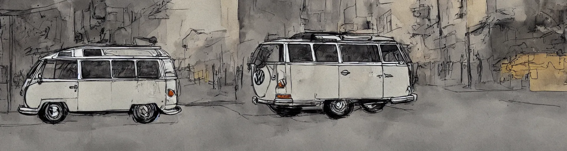 Prompt: a side view vw bus on a street, illustration by ashley wood