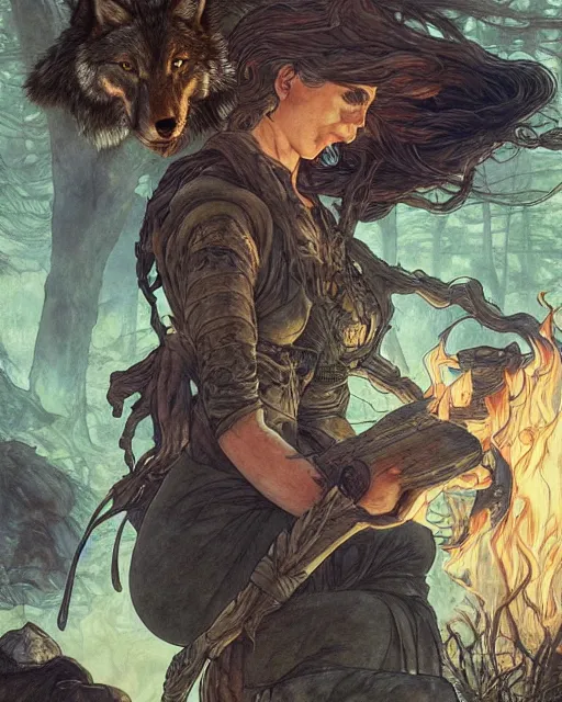 Prompt: spartan drinking tea at campfire with trichocereus background and smoke haze, wolf howling at full moon, photo in the style of the celestine prophecy, wlop, artgerm, greg rutkowski and alphonse mucha yoichi hatakenaka, masamune shirow, josan gonzales and dan mumford, ayami kojima