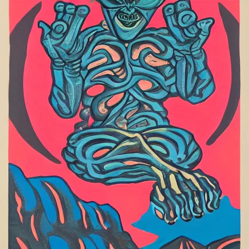 Image similar to a beautiful painting of an alien meditating in front of a giant black power fist in the center, worshipped by aliens dancing in lava fields by victor moscoso