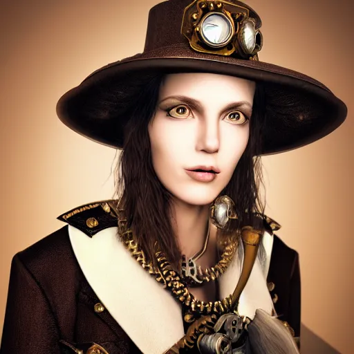 Prompt: a portrait beautiful steampunk woman by mario testino, long hair, aged 2 5, swedish, wearing a travel hat, photo realistic, 3 5 mm, photograph, octane render, trending on artstation