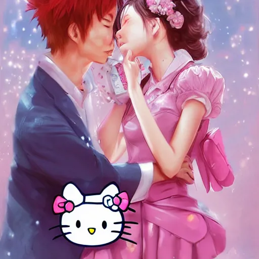 Image similar to Couple love, Hello Kitty theme, by Stanley Artgerm Lau, WLOP, Rossdraws, James Jean, Andrei Riabovitchev, Marc Simonetti, Yoshitaka Amano, ArtStation, CGSociety,