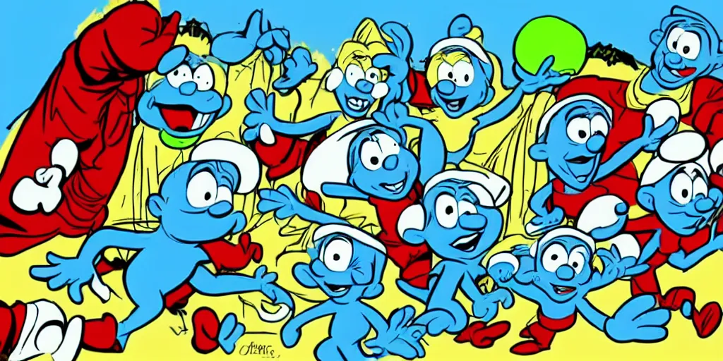 Prompt: the smurfs in the avengers, animation, hanna barbera style