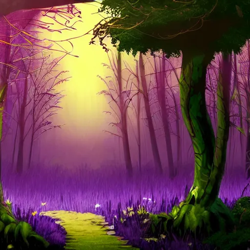 Image similar to Foggy violet woods with fireflies flying around. Video game artbook illustration.