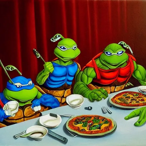 Image similar to teenage mutant ninja turtles are sitting at the table. da vinci. secret supper. coca - cola on the table. pizza on the table. realistic oil painting on canvas. great rendering