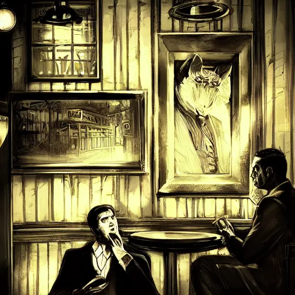 Prompt: the devil monster and a handsome gentleman sitting in a pub, film noir style, black and white and red colors, establishing shot, highly detailed, digital painting, artstation, concept art, smooth, sharp focus, illustration, Unreal Engine 5, 8K, art by artgerm, realistic painting