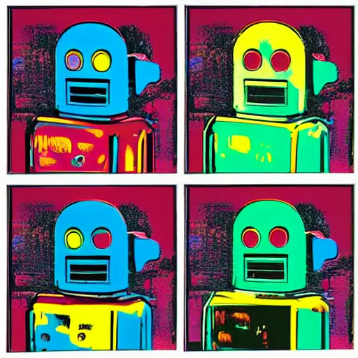 Image similar to old robot, 6 panels by andy warhol, with highly contrasted colors and an illuminating background