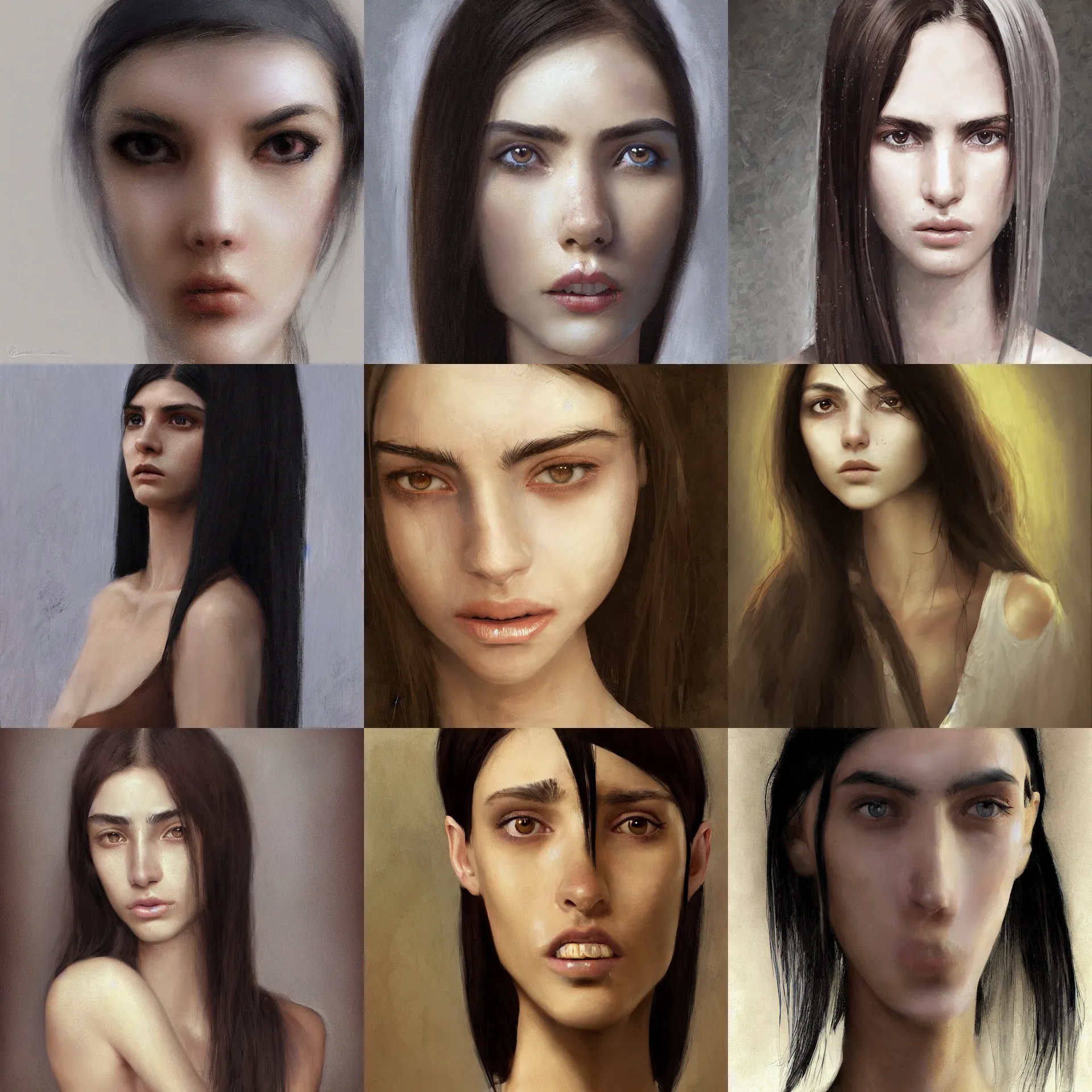 Prompt: digital art painting of a skinny 2 0 years old white skin young latino woman, square shaped face, long black straight hair, thick eyebrows, small straight nose, strong defined jaw, brown eyes painted by craig mullins and gaston bussiere and greg rutkowski, symmetrical facial features, symmetrical face, defined facial features, dramatic lighting, close up
