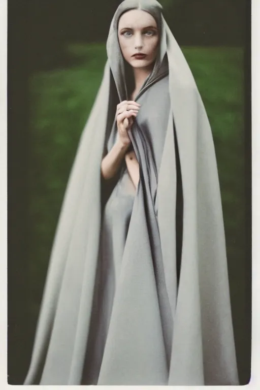 Prompt: An autochrome instax still frame of a girl wearing grey cape featured in Vogue and GQ editorial fashion photography, beautiful eye, symmetry face, haute couture dressed by Givenchy and Salvatore Ferragamo, in porcelain and metal and lush branch