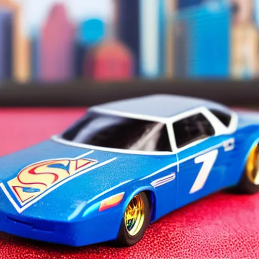 Image similar to 3 5 mm photo of metallic blue superman car like hot wheels model with a new york as background