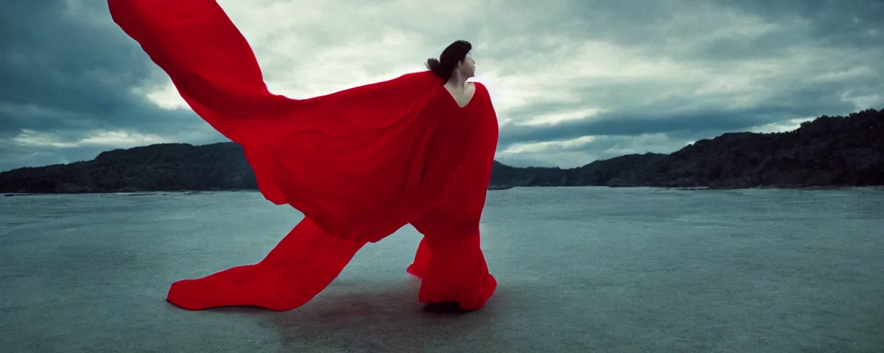 Prompt: A woman floating in an giant red cape like a road twirling towards the horizon, giant red swirling cloth in the sky, dressed by Eiko Ishioka, film still, realistic, cloth