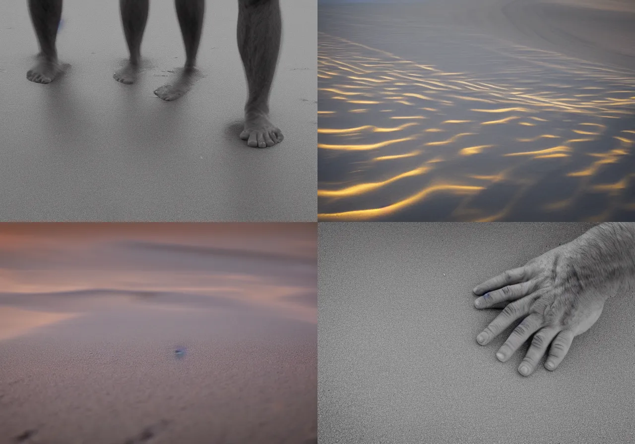 Prompt: if hands were feet and feet were hands trotting along the sands, 8 k, reflective, long exposure