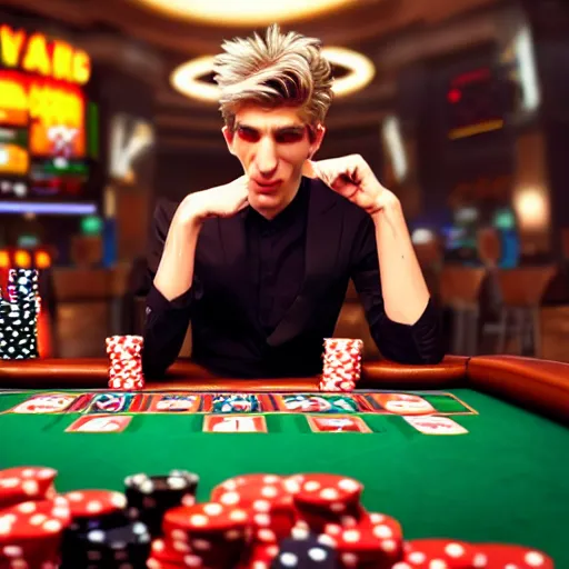 Image similar to film still of xqc gambling in Vegas, 4k, photorealism, artstation style