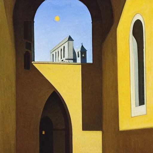 Image similar to in the distance, a little girl with short black hair and wearing a yellow coat alone in the inner courtyard of a cloister in an abbey, the light is bright and wintry, painting by hopper and de chirico