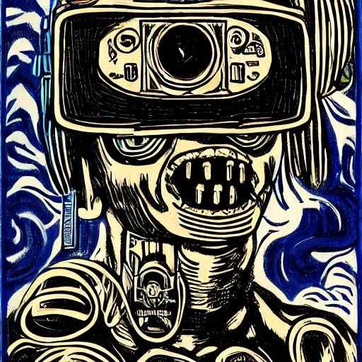 Image similar to Illustrated by Shepard Fairey and H.R. Giger | ((Cyberpunk Van Gogh with VR helmet, surrounded by cables))