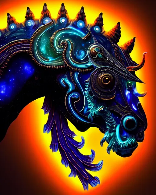 Image similar to 3 d ornate carved dark cosmic horse with profile portrait, sigma 5 0 0 mm f / 5. beautiful intricate highly detailed quetzalcoatl skull. bioluminescent, plasma, lava, ice, water, wind, creature, thunderstorm! artwork by tooth wu and wlop and beeple and greg rutkowski, 8 k trending on artstation