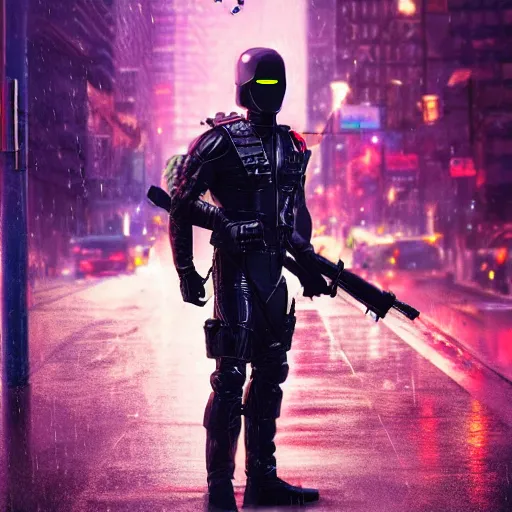 Prompt: Snake Eyes from G.I. Joe standing in a city, rain, 4k, (synthwave), trending on artstation,