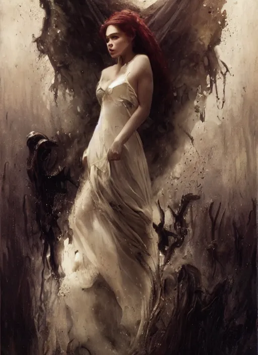 Image similar to young emilia clarke vampire, mouth open bite, staring seductively, detailed by gaston bussiere, bayard wu, greg rutkowski, giger, maxim verehin, greg rutkowski, masterpiece, sharp focus, cinematic lightning