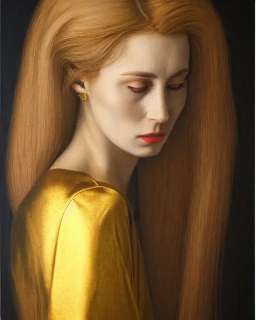 Image similar to realistic portrait of a mysterious woman made of gold in silky clothes with long golden hair, detailed, 1 4 5 0, delicate, hyper realism, ultra realistic, 8 k