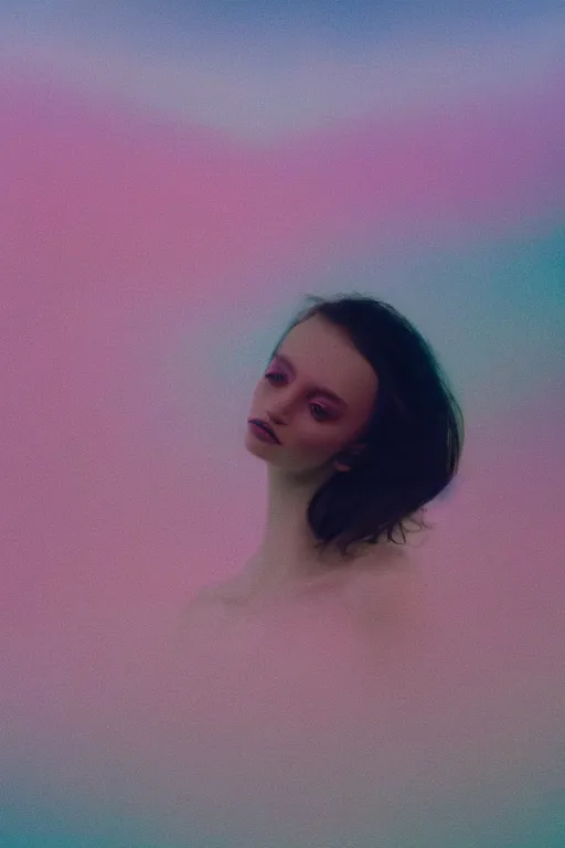 Image similar to high quality pastel coloured film close up wide angle photograph of a model wearing clothing swimming on cloud furniture in a icelandic black rock!! environment in a partially haze filled dreamstate world. three point light, rainbow. photographic production. art directed. pastel colours. volumetric clouds. pastel gradient overlay. waves glitch artefacts. extreme facial clarity. 8 k. filmic.