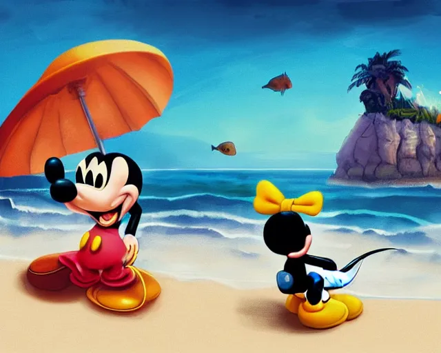 Image similar to Mickey mouse sitting next to terrifying sea creatures on a creepy beach, digital art, in the style of Frederic St-Arnaud, super detailed, artstation