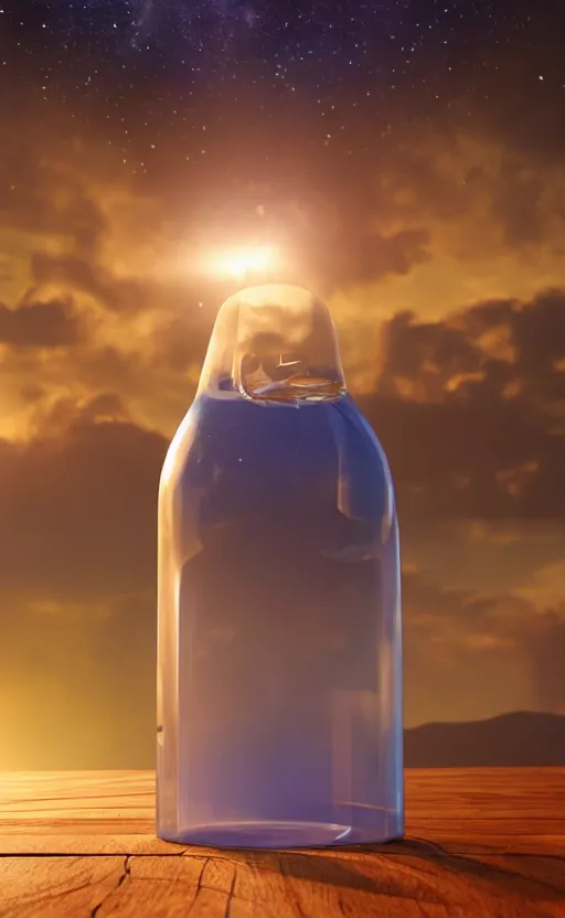 Image similar to a supernova inside a water bottle on a wooden table, hyperrealistic, concept art, octane render, unreal engine 5, trending on artstation, high quality, highly detailed, 8 k hdr, soft lighting, path traced, a beach at sunset in the background, bloom, high coherence, symmetrical, high contrast, digital art, serene landscape, cinematic