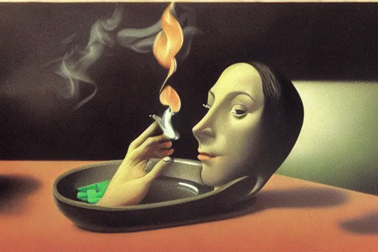 Prompt: a lit joint lying in an ashtray, slow, smoke in the shape of a woman's face, surreal, magritte