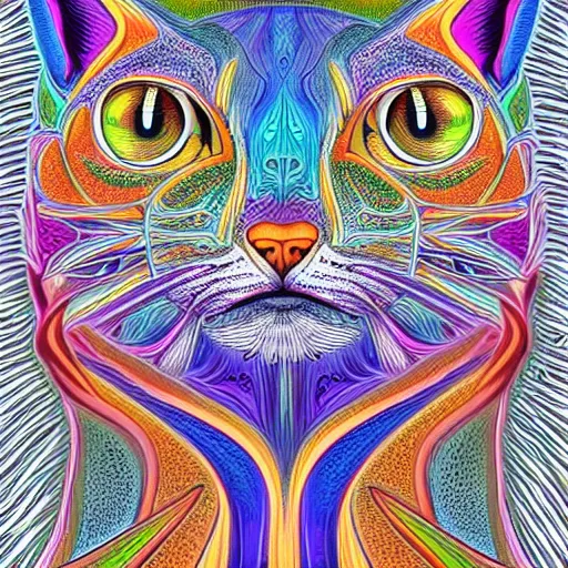 Prompt: a symmetrical portrait illustration of a colorful cute cat hand drawn sketch on artstation 4 k intricate extremely detailed digital art by alex grey