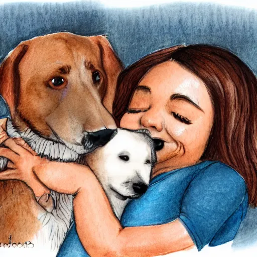 Prompt: detailed pencil and watercolor illustration of Mommy and Daddy dogs in love hugging their puppy with all eyes shut